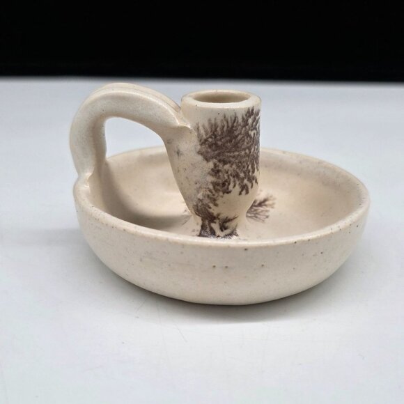 Vintage Ceramic Chamberstick Candle Holder Handle & Rustic Brown Pinecone Design - Picture 5 of 7
